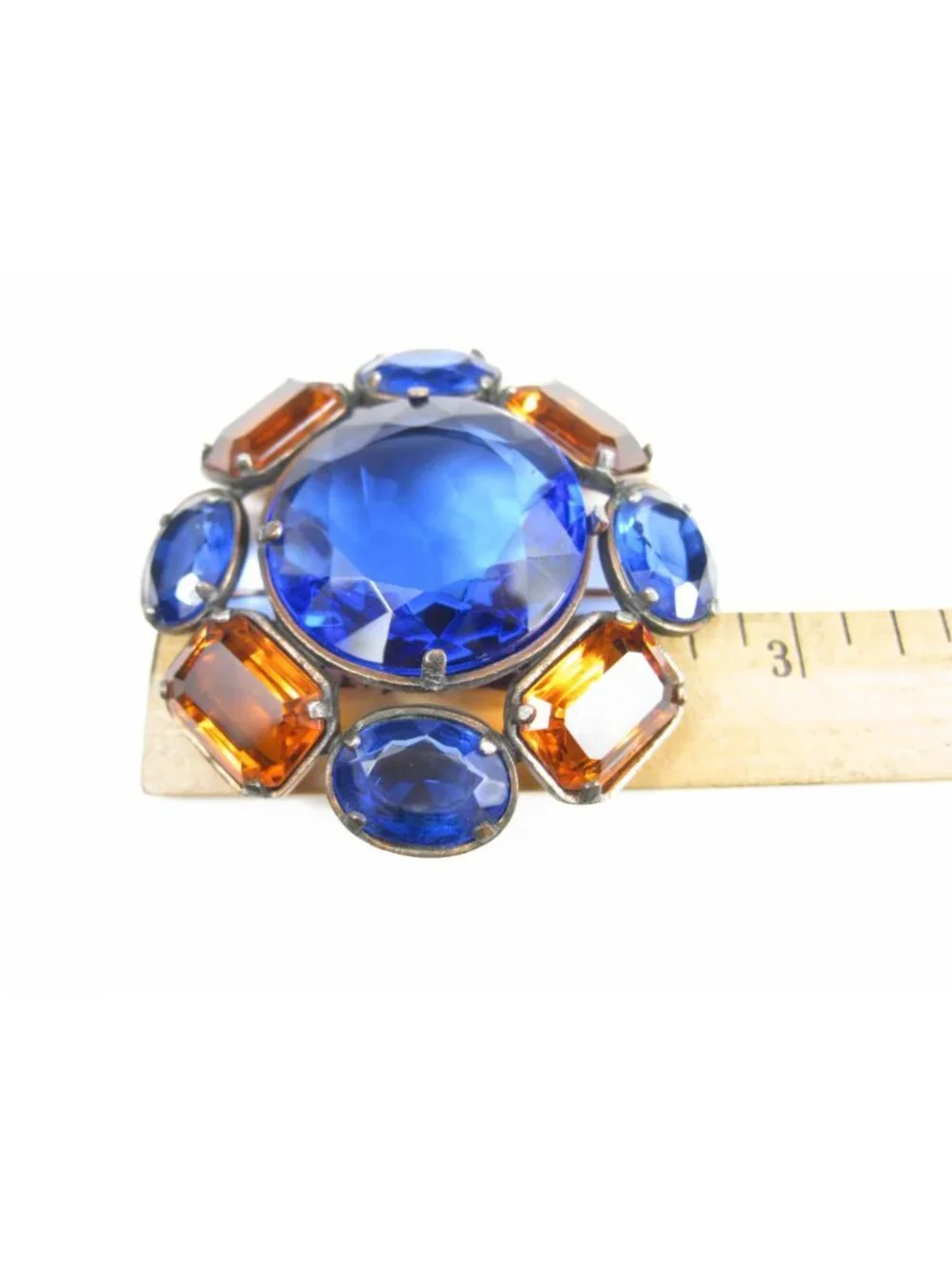 Yves Saint Laurent Vintage Statement Brooch Blue Glass Faceted Copper Tone READ